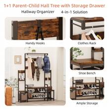 JAMFLY Parent-Child Hall Tree With Bench & Shoe Storage And Free Standing Coat Rack, Entryway Rack With Metal Frame And Hooks For Entrance, Foyer, Mudroom - màu nâu - Xem 6