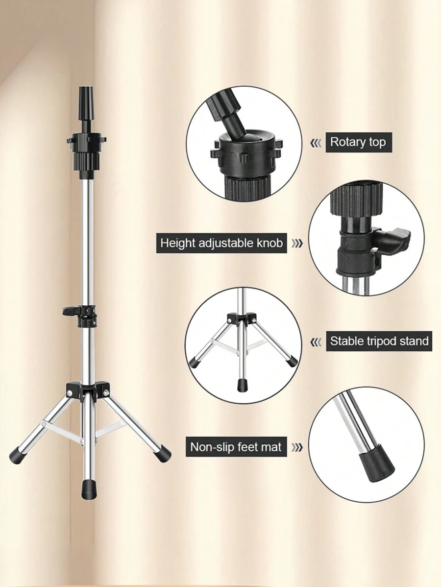 Mini Wig Tripod Foldable Stand Adjustable Mannequin Head Metal Tripod Canvas Block Head Stand Holder Wig Manikin Head Table Display For Cosmetology Salons Hairdressing Training (36-55cm)