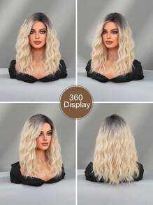 7JHH WIGS 18 英寸中长渐变金色卷发假发，女士齐肩波浪假发，侧分刘海，天然合成耐热纤维假发，适合女孩日常派对使用 - 金色 - 查看 6