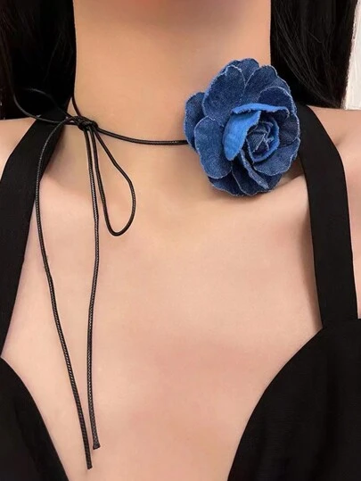 1 pieza Collar decorativo tipo gargantilla con gran flor de rosa 3D de denim estilo retro