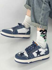 Giày thể thao vải canvas in hình ngôi sao cổ điển màu xanh nhỏ hơn 1 cỡ, giày thời trang thường ngày cho nữ, giày thể thao cổ thấp buộc dây mũi tròn - Màu xanh lam - Xem 3