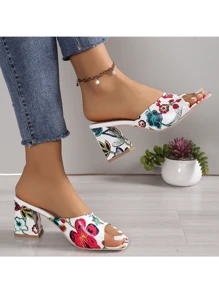 Summer European And American Style Chunky Heeled Sandals, Sexy Strap Peep-Toe Platform Slides, Random Printed Floral Designs - White - View 3