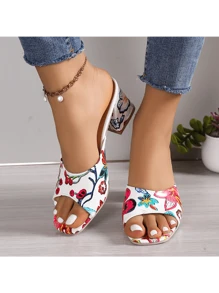 Summer European And American Style Chunky Heeled Sandals, Sexy Strap Peep-Toe Platform Slides, Random Printed Floral Designs - White - View 4