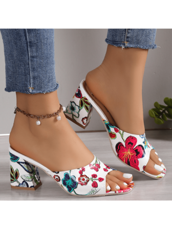 Sandalias con tacón grueso de estilo europeo y americano para el verano, diapositivas con plataforma, tira sexy y punta abierta, con diseños florales impresos al azar