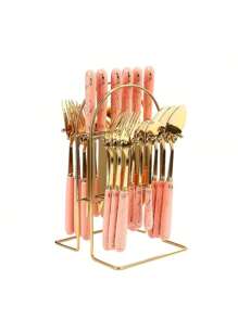 Juego de cubiertos de 24 piezas, mango de cerámica, cuchillo, tenedor, cuchara y cuchara con estante, juego de cubiertos dorados y plateados, vajilla - Rosa - Ver 1