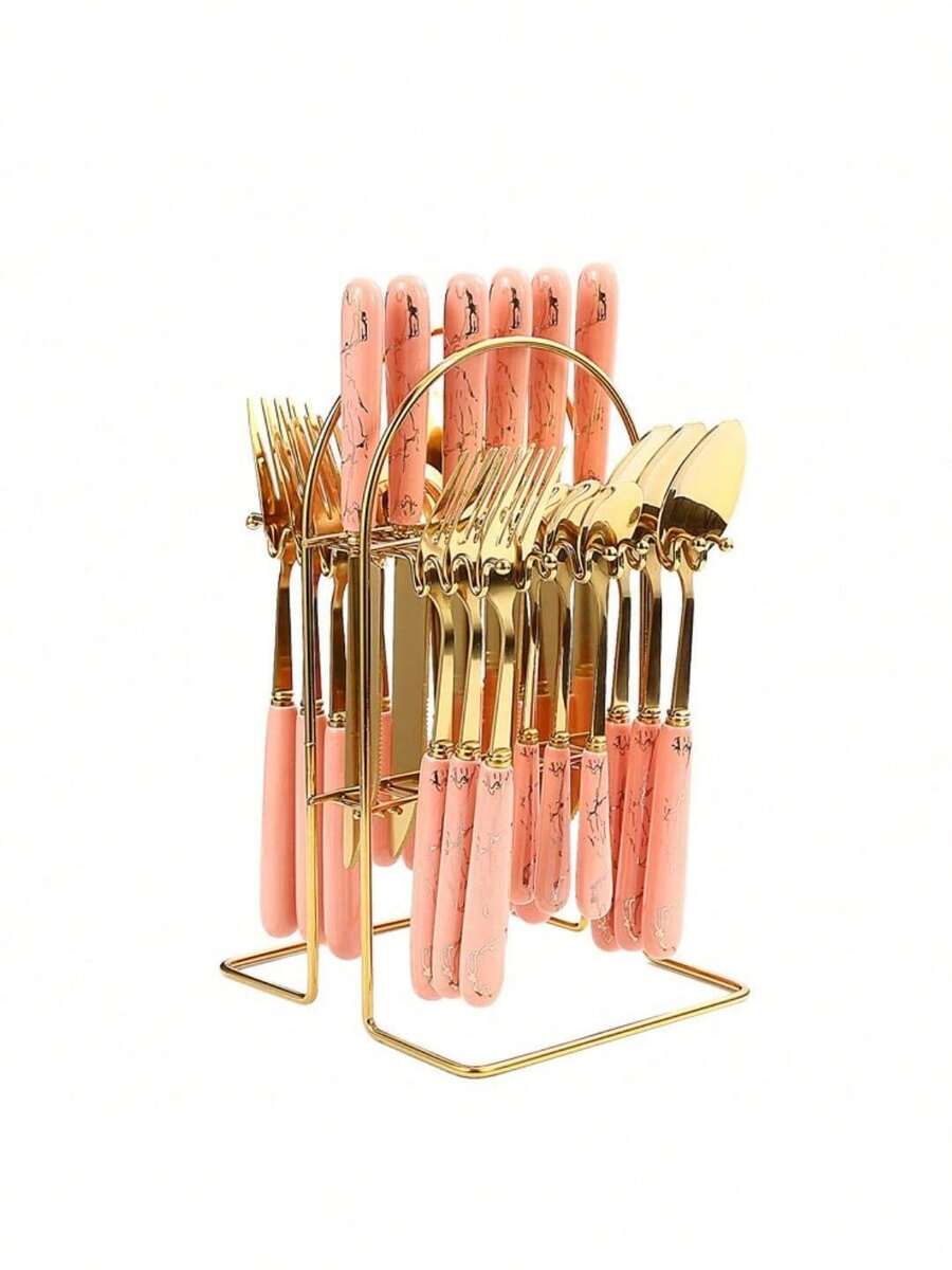 Juego de cubiertos de 24 piezas, mango de cerámica, cuchillo, tenedor, cuchara y cuchara con estante, juego de cubiertos dorados y plateados, vajilla - Rosa - Ver 1