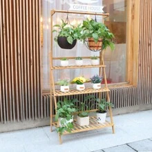 3 Tier Plant Stand Hanging Rack Bamboo Plant Ladder Foldable Flower Pots Organizer Plant Display Shelf Garden Shelves Storage Rack 70CM - Beige - View 1