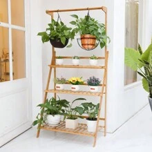 3 Tier Plant Stand Hanging Rack Bamboo Plant Ladder Foldable Flower Pots Organizer Plant Display Shelf Garden Shelves Storage Rack 70CM - Beige - View 4