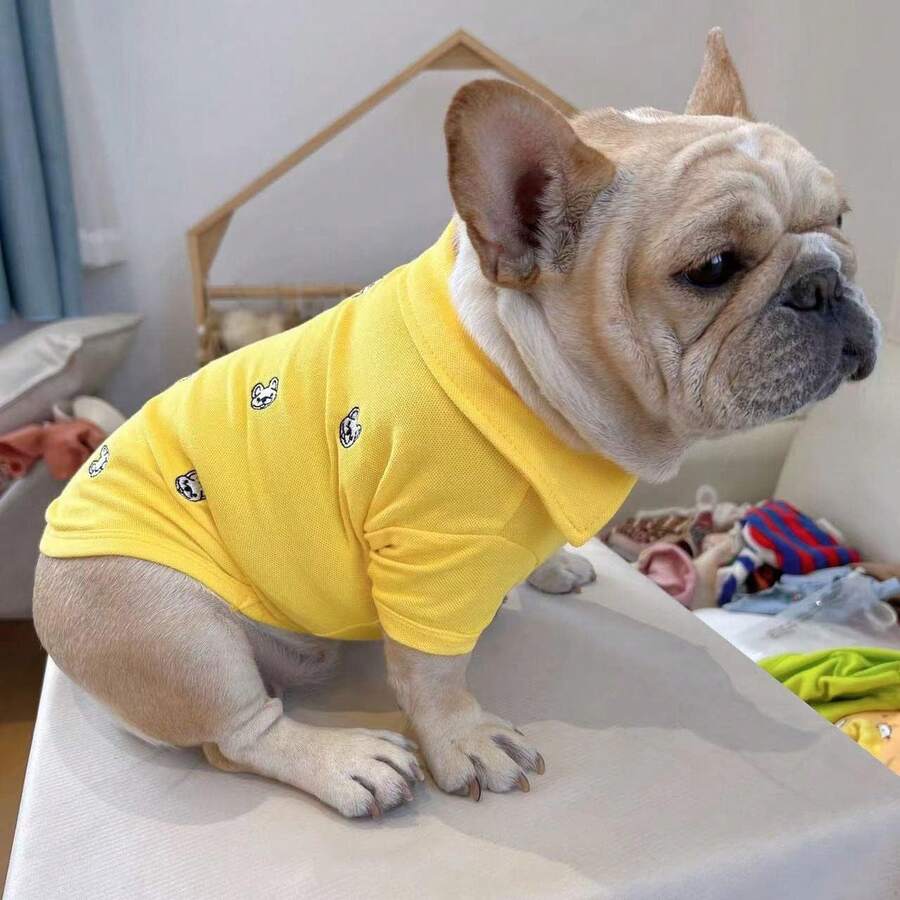 春季狗狗衣服法国斗牛犬 Polo 衫刺绣狗狗衬衫宠物幼犬 T 恤衣服服装外套上衣 - 黃色 - 查看 1