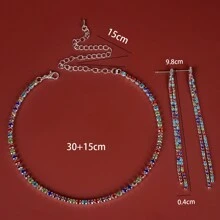3入組時尚簡約鑽石項鍊套裝，包括精緻流蘇項鍊和耳環，適合日常佩戴 - 銀色 - 查看 8