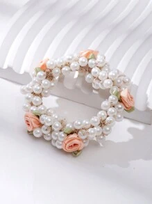 2 Piezas Bandas De Pelo Rosa Claro Decoradas Con Flores Y Perlas Adecuadas Para La Vida Diaria Y El Peinado De Moño De Las Niñas - Rosa coral - Ver 5