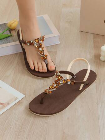 Women's Fashion Luxury Rhinestone Flat Sandals, Outdoor Beach Holiday Shoes, 2024 Spring And Summer