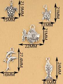 50入組隨機混合的貝殼/海螺/海龜/魚/海馬/象-海洋/陸地動物的鋅合金吊墜，適用於手工DIY手鍊、耳環、項鍊和夏季沙灘珠寶製作 - 復古銀色 - 查看 3