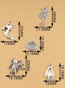 50入組隨機混合的貝殼/海螺/海龜/魚/海馬/象-海洋/陸地動物的鋅合金吊墜，適用於手工DIY手鍊、耳環、項鍊和夏季沙灘珠寶製作 - 復古銀色 - 查看 2