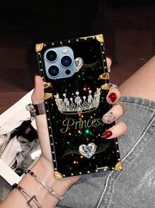 1pc Crown & Starry Heart Flat Pattern Rectangle Shockproof Phone Case, Compatible With Samsung Galaxy S26 Ultra/S26/S26 Plus, 17 Pro Max/17 Air/16 Pro Max, 15 Pro Max/15/14 Plus/14PM/14/13/12/11/XR, Galaxy S25 FE/A17/A07/A57 5G/A37 5G/, Y36, Smart8, Ideal Gift For Valentine's Day, Holidays - Black - View 5
