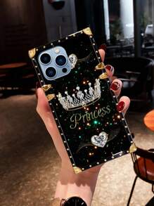 1pc Crown & Starry Heart Flat Pattern Rectangle Shockproof Phone Case, Compatible With Samsung Galaxy S26 Ultra/S26/S26 Plus, 17 Pro Max/17 Air/16 Pro Max, 15 Pro Max/15/14 Plus/14PM/14/13/12/11/XR, Galaxy S25 FE/A17/A07/A57 5G/A37 5G/, Y36, Smart8, Ideal Gift For Valentine's Day, Holidays - Black - View 3
