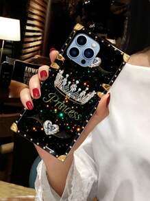 1pc Crown & Starry Heart Flat Pattern Rectangle Shockproof Phone Case, Compatible With Samsung Galaxy S26 Ultra/S26/S26 Plus, 17 Pro Max/17 Air/16 Pro Max, 15 Pro Max/15/14 Plus/14PM/14/13/12/11/XR, Galaxy S25 FE/A17/A07/A57 5G/A37 5G/, Y36, Smart8, Ideal Gift For Valentine's Day, Holidays - Black - View 1
