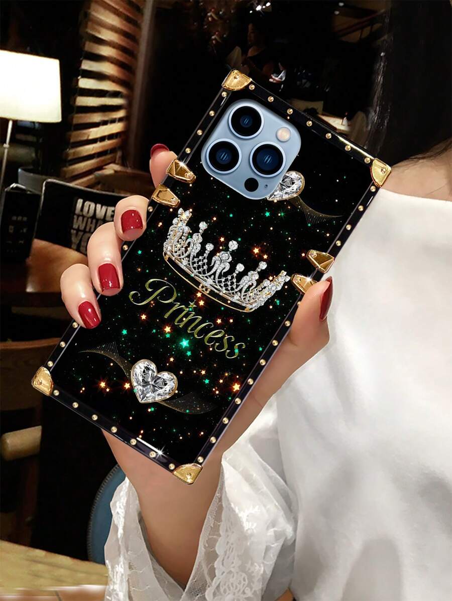 1pc Crown & Starry Heart Flat Pattern Rectangle Shockproof Phone Case, Compatible With Samsung Galaxy S26 Ultra/S26/S26 Plus, 17 Pro Max/17 Air/16 Pro Max, 15 Pro Max/15/14 Plus/14PM/14/13/12/11/XR, Galaxy S25 FE/A17/A07/A57 5G/A37 5G/, Y36, Smart8, Ideal Gift For Valentine's Day, Holidays - Black - View 1