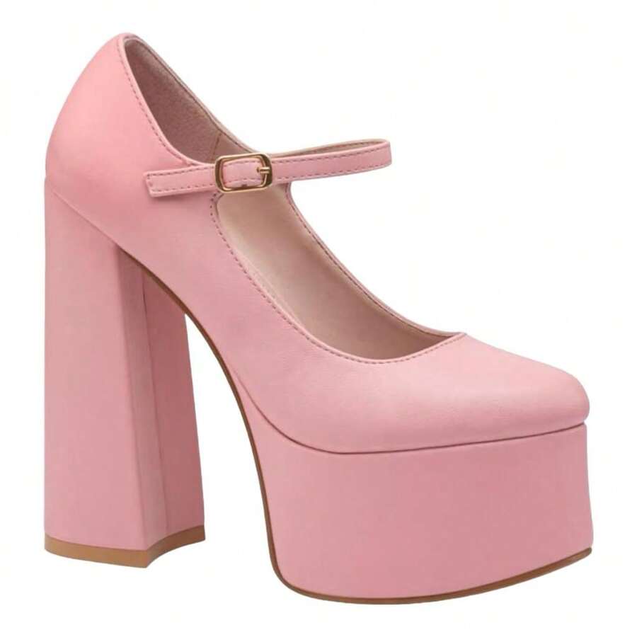 Zapato Mary Jean Plataforma Tacón Ancho Campana Abusiva - Rosa - Ver 1