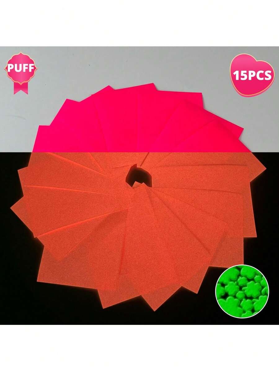 15/10入組3d泡沫熱轉印貼紙,pu材質,4.33 "* 3.15" (8厘米x 11厘米),夜光發泡htv發光螢光壓膜熱轉印貼紙,可diy T恤服裝包裝枕頭紡織面料和聖誕禮物 - 粉變橙 - 查看 1