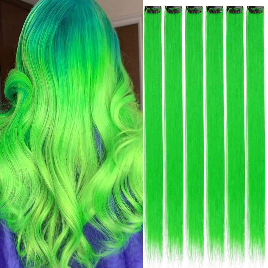 6pcs Colorful Clip-In Hair Extensions, Party Highlights, 20 Inch Green Straight Hair Extensions, Clip-In Synthetic Wigs, Suitable For Halloween Costume, Christmas, New Year Gift, Women (Green)
