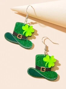 1 Đôi bông tai hình cỏ bốn lá và mũ bằng acrylic màu xanh lá cây chủ đề Ngày Thánh Patrick, trang sức dự tiệc ngày lễ dành cho nữ - màu xanh lá - Xem 4