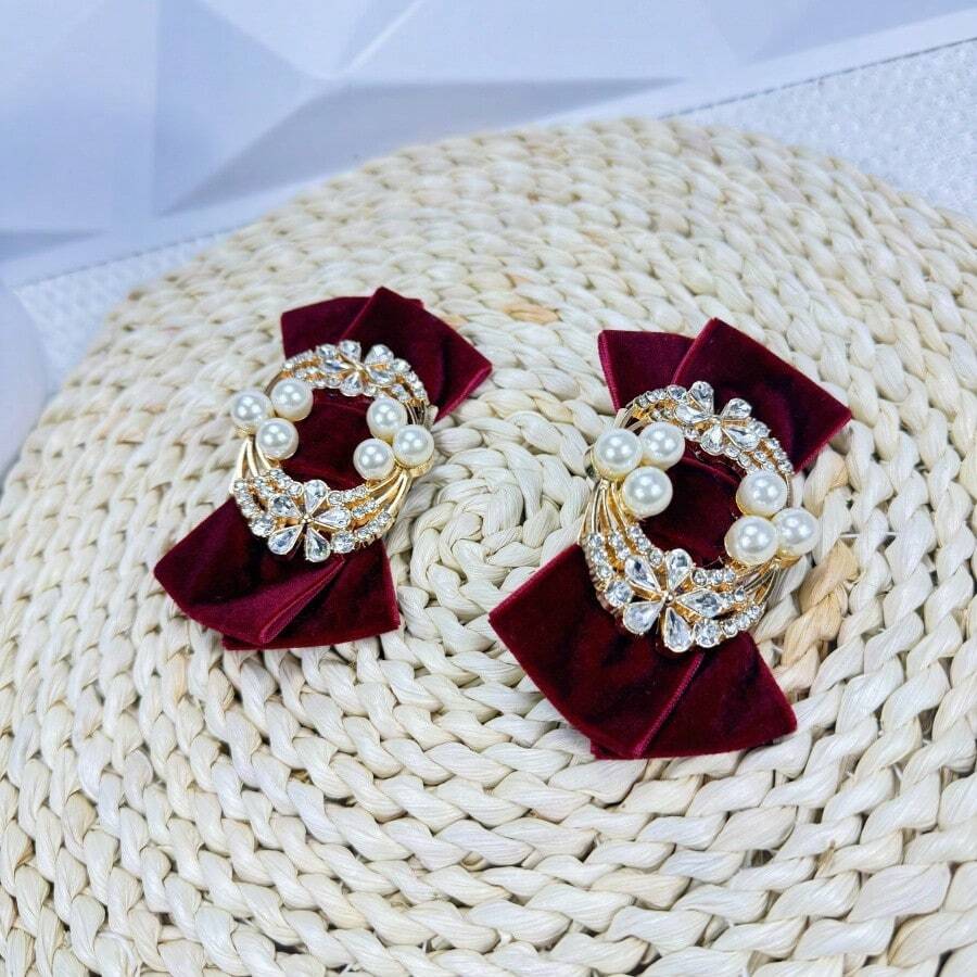 1pair Detachable Diamond & Metal Buckle With Velvet Flower Shoe Clips For Deluxe And Gorgeous Design - Burgundy - View 1
