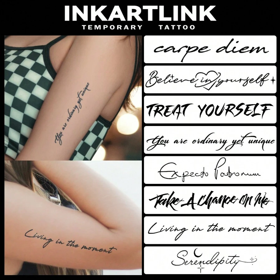 Inkartlink 8入組英文情感短句草本汁臨時刺青、刺青、15天刺青、半永久性刺青、逼真假刺青、維持時間1-2週 - 黑色 - 查看 1