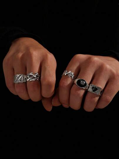 Ensemble De 5 Anneaux Articulés Créatifs Exagérés De Personnalité Noire De Carte De Poker 8, À La Mode Et Rétro, Adapté Pour Un Port Quotidien