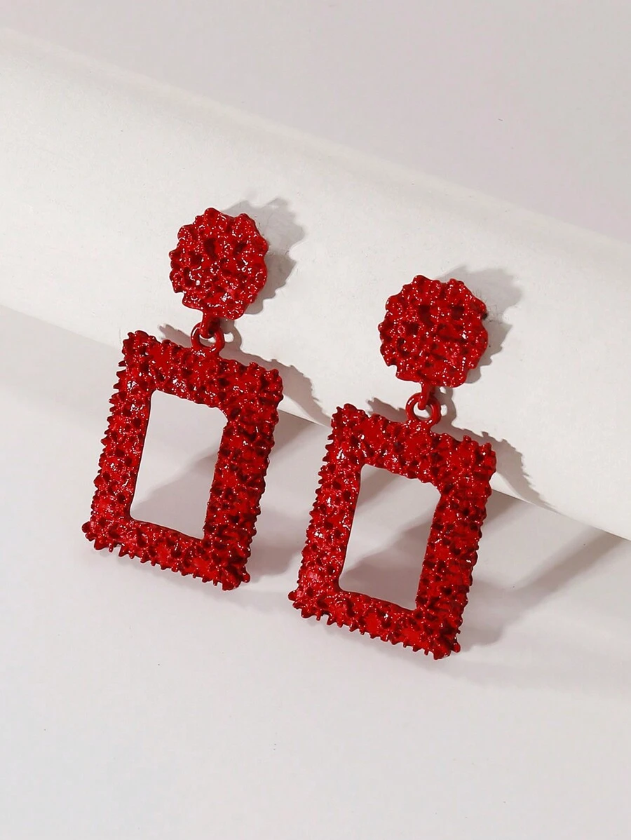 1雙復古風格合金紋理質感幾何方形噴霧塗料和電鍍耳環適合女士,日常穿著 - 紅色 - 查看 1