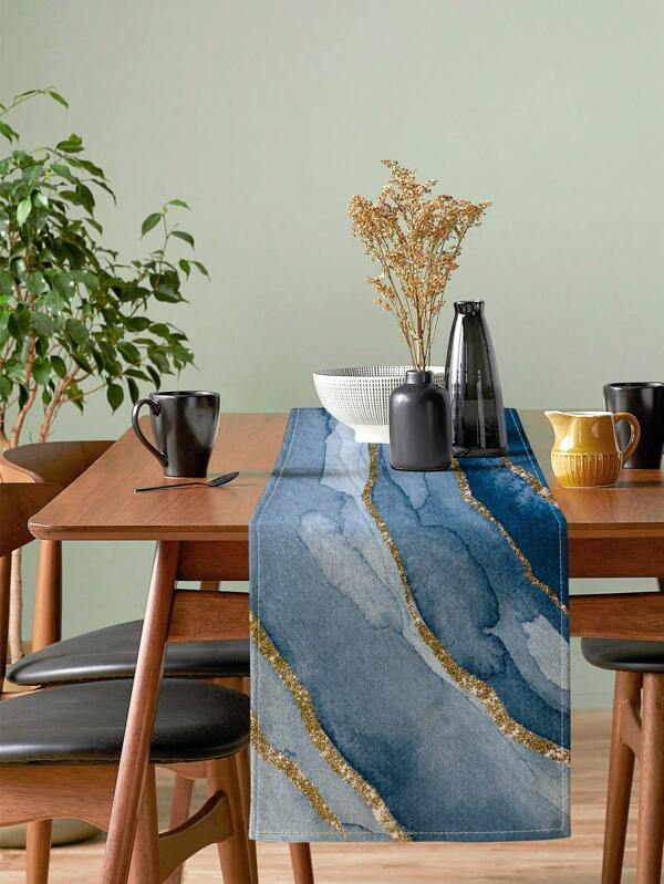 قطعة واحدة من طاولة الجري المطبوعة بطبعة المناظر البحرية من الرخام الأخضر الطاووسي والرقائق الذهبية، مناسبة للمطبخ وغرفة الطعام وديكور الطاولة والخزانة، مناسبة لجميع المواسم