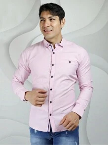 Camisa Manga Larga Slim Fit Para Hombre Textura - Rosa - Ver 1