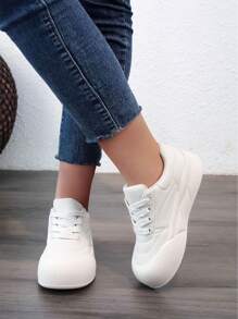 Scarpe Da Tennis Casual Da Donna Bianche, Scarpe Sportive Con Cinghia Sottile, Suole Spesse Per Attività All'aperto, Scarpe Con Tacco Piatto Alla Moda E Versatili Per Primavera, Estate E Autunno Del 2024 - Beige - Visualizzare 4