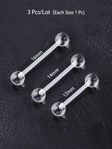 3入組（每個尺寸1個）柔軟透明隱形丙烯酸材質舌莖環針具、舌網穿孔用具 - 無色 - 查看 4