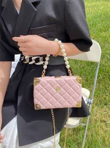 Solid Color Quilted Diamond Pattern Pearl Rhinestone Decorated Handle Box Bag With Metal Chain, Shoulder Strap, Embroidered Grid Design, Fashion Gift For Women