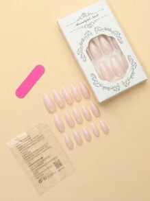 24入組新款漸變粉色杏仁形假指甲，增強您每日穿搭的迷人指數，包含1個指甲檔案和1個果凍膠水，可黏式假指甲，美甲用品 - 粉色 - 查看 3