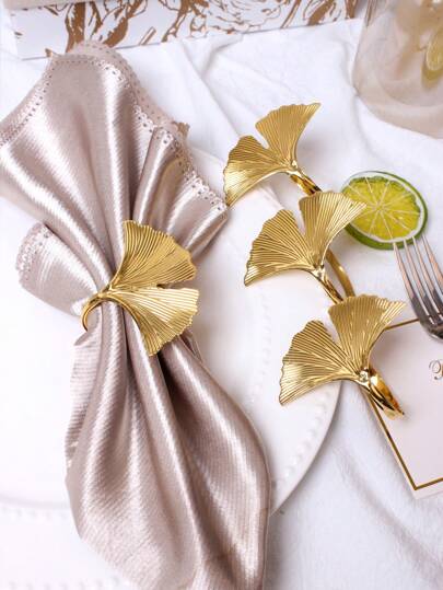4-24 pièces/set Anneaux de serviette en feuille de ginkgo doré pour mariage en plein air, fêtes, décoration de table de salle à manger quotidienne