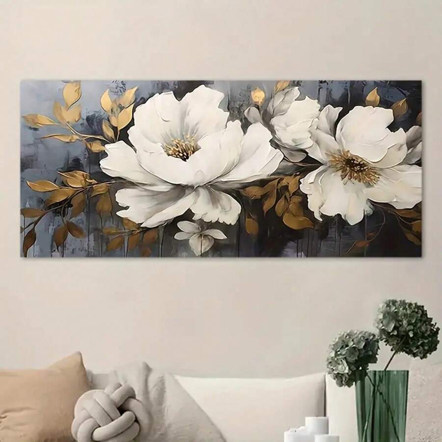 1張抽象白花牆藝海報,大型白玫瑰復古花朵畫布油畫現代花卉藝術印刷家居裝飾無框 - 彩色 - 查看 1