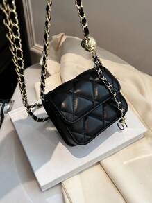 Mini簡約兒童方形斜背袋,實色pu材質,鏈帶肩帶,適合女孩,風尚高雅 - 黑色 - 查看 8