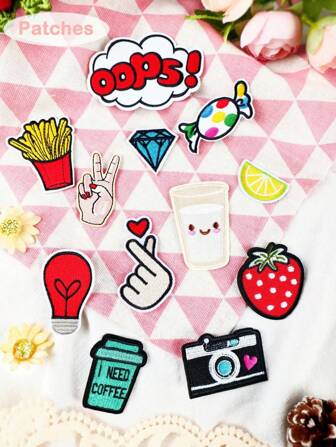 12pcs Embroidered Candy, Camera, French Fries Patch Stickers, Iron-On Or Sew-On Decoration Patches For DIY Clothes, Shoes, Bags, Jackets