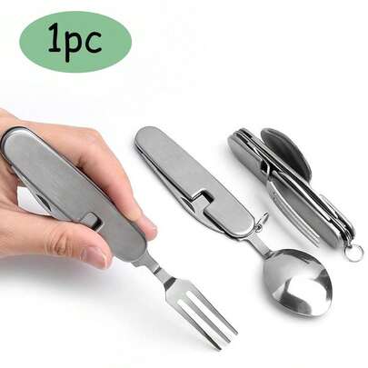 1 Pièce Ustensile De Pique-nique À Couverts De Camping Multifonctionnel Pliable En Acier Inoxydable Pour Couteau, Fourchette Et Cuillère
