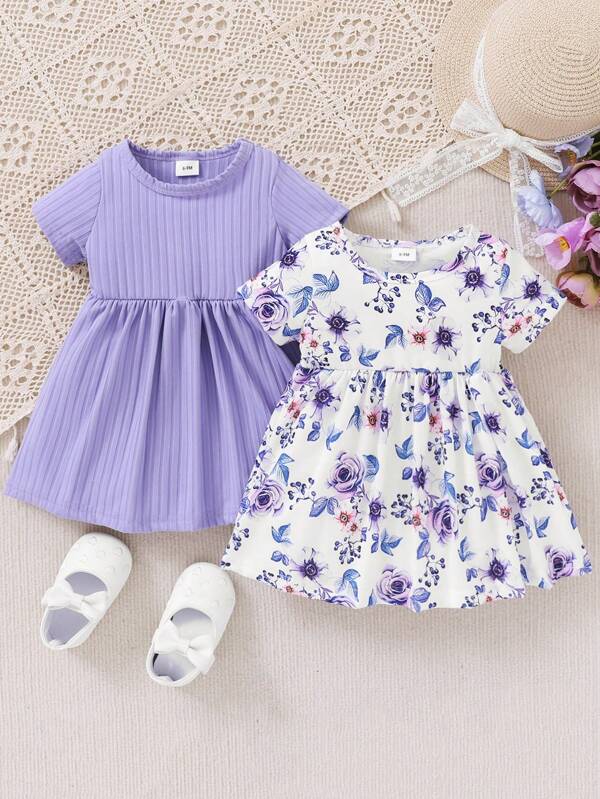 Primavera 2 Piezas/set Vestidos Para Niña Con Color Sólido Y Estampado De Flores