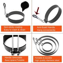 3入組蛋圈套裝,配有油刷和蛋清分離器不銹鋼蛋煮圈,可折疊手柄和不粘圓形蛋製造機烤麵糰圓環模具成型工具,適用於廚房