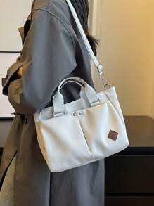 1pc White Minimalist Handbag, Women's Tote Bag, Fashion Casual Versatile Multi-Pocket Rectangular Bag, Suitable For Daily Use, Shopping, Commuting, Crossbody, Zipper Closure, Lightweight Foldable Canvas Bag, College Style - White - View 4