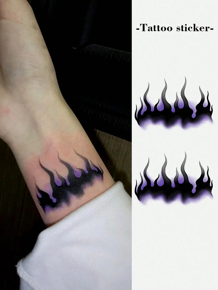 1 件臨時紋身貼紙,黑色和紫色火焰設計,酷炫時尚,適合手腕 - 彩色 - 查看 1