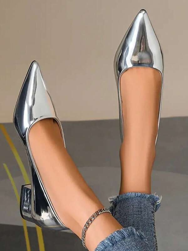 Women's French Pointed-Toe High-Heeled Shoes 2024 Spring/Autumn New Arrival, European And American Style, Low Vamp Silver Chunky-Heeled Pumps; Easy To Wear, Comfortable And Versatile Mid-Heeled Slip-On Boat Shoes; Large Size 41-43