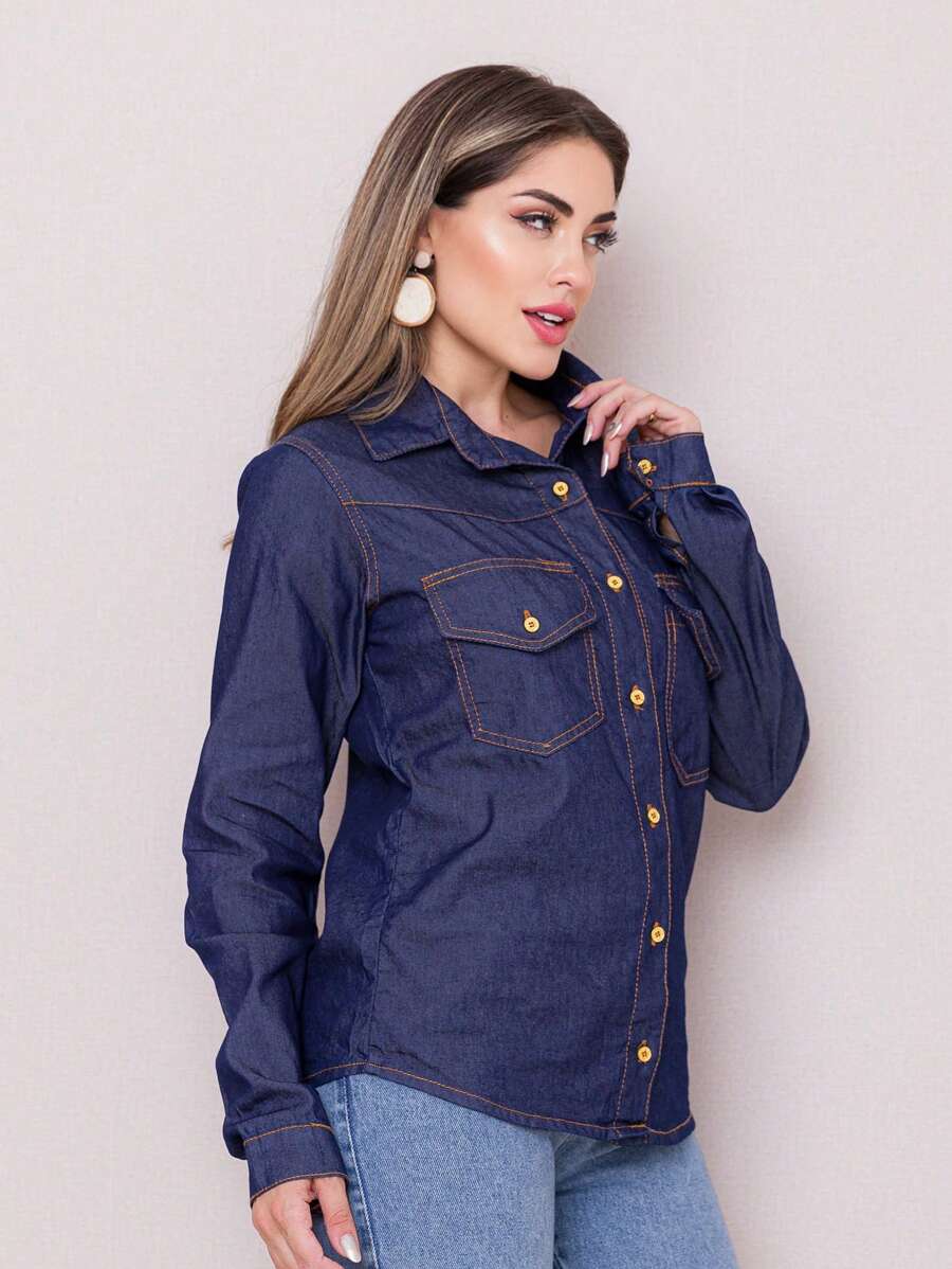 Women Denim Tops - 深色水洗藍 - 查看 1