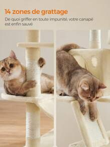 Feandrea Arbre à Chat, Hauteur 168 cm, avec 13 Griffoirs, 2 Plate-Forme, 2 Niches, Panier, Hamac, Pompon, Tissu Peluche, Multi-Niveaux pour Chat d'Intérieur - Beige - Voir 6