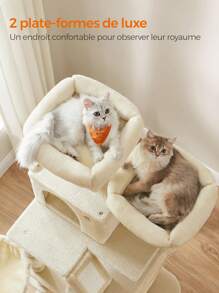 Feandrea Arbre à Chat, Hauteur 168 cm, avec 13 Griffoirs, 2 Plate-Forme, 2 Niches, Panier, Hamac, Pompon, Tissu Peluche, Multi-Niveaux pour Chat d'Intérieur - Beige - Voir 4