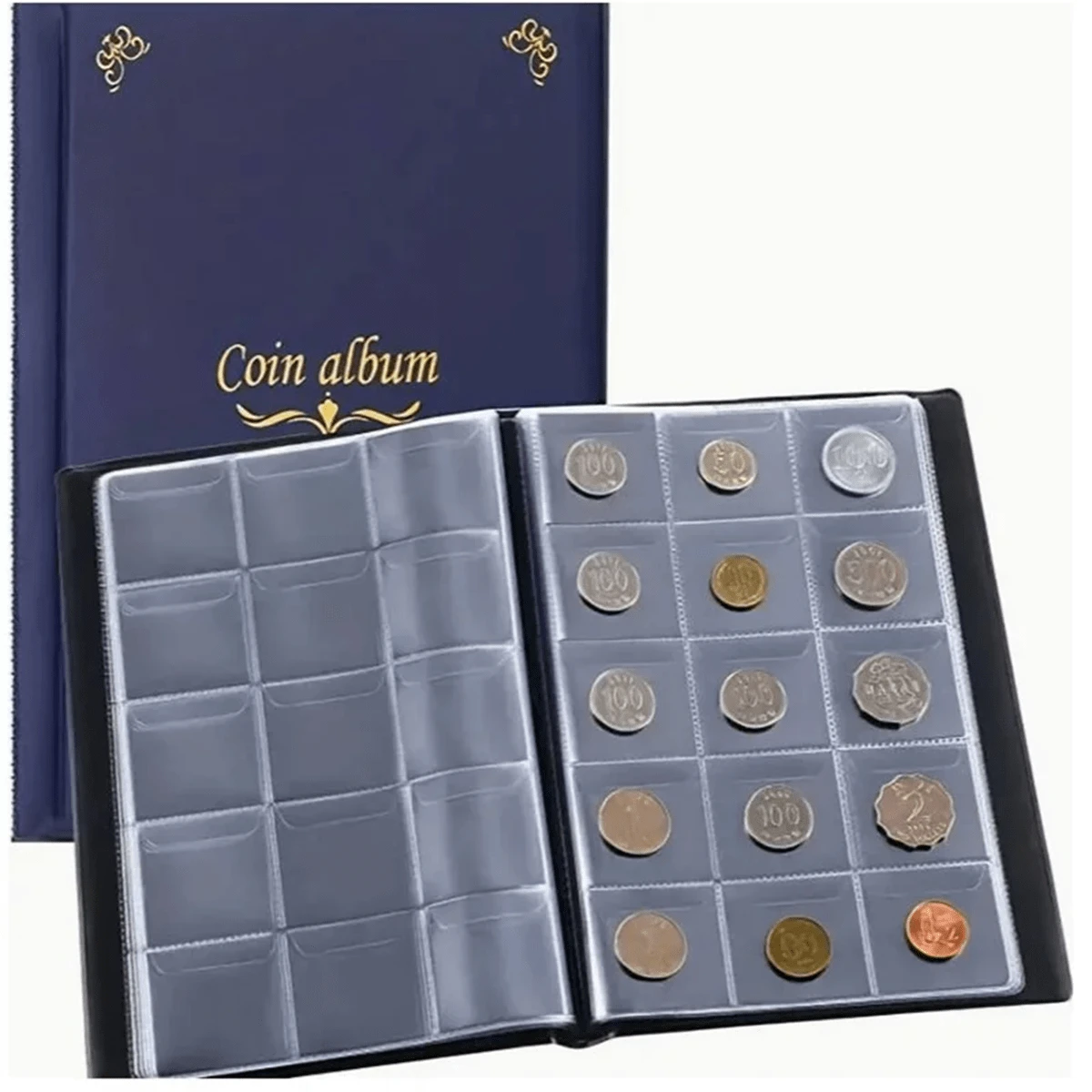150-Slot Clear Pvc Coin Collection Album For Ancient & Commemorative Coins - Navy Blue - View 1